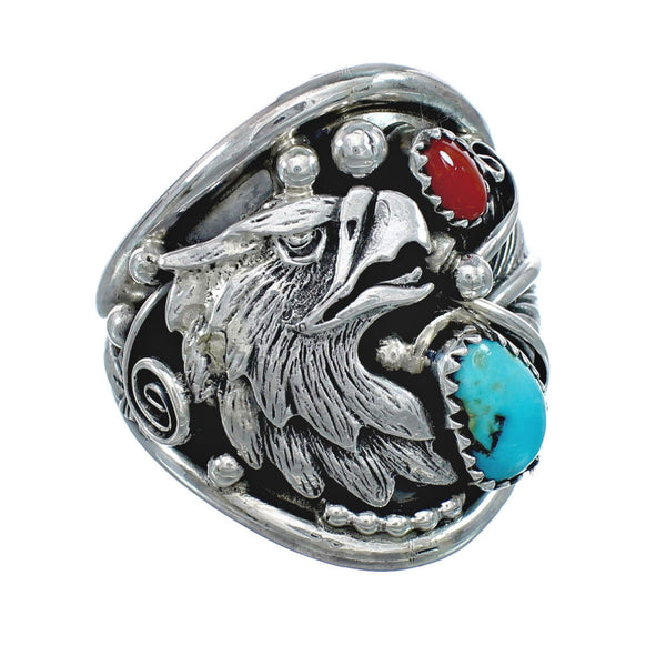 Authentic Sterling Silver Navajo Eagle Turquoise Coral Ring Size 13-3/4 AX130170